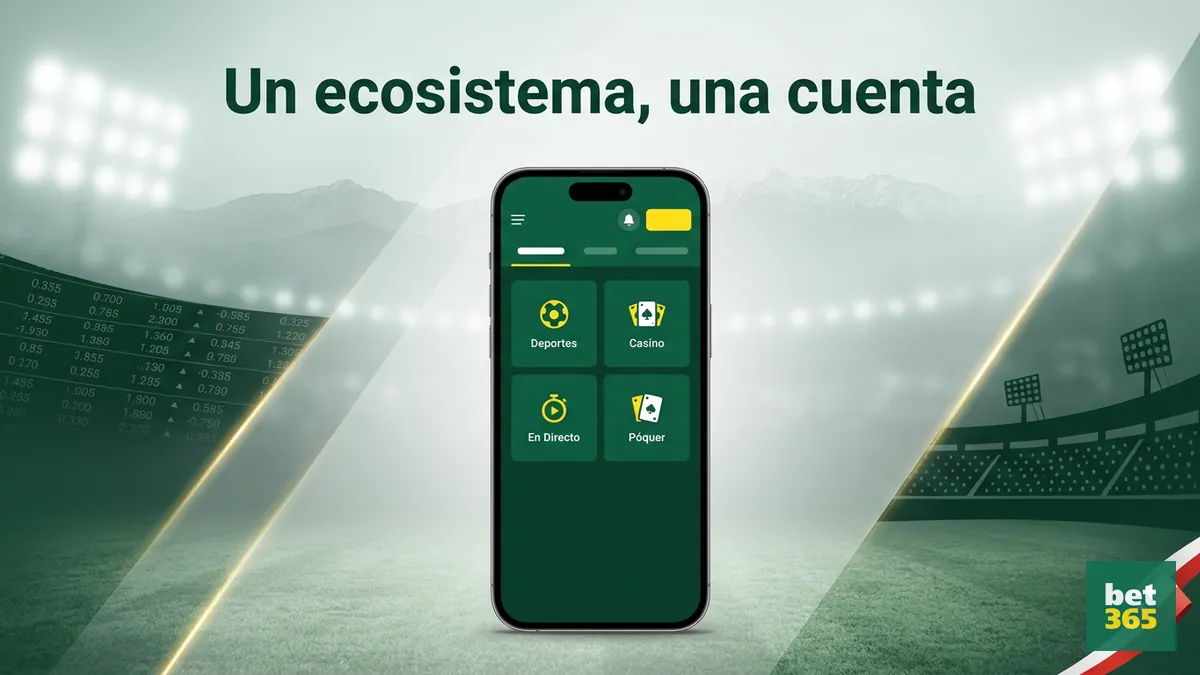 Ecosistema de deportes, casino, en directo y póquer con cartera única, alternativa a bet365 en Chile