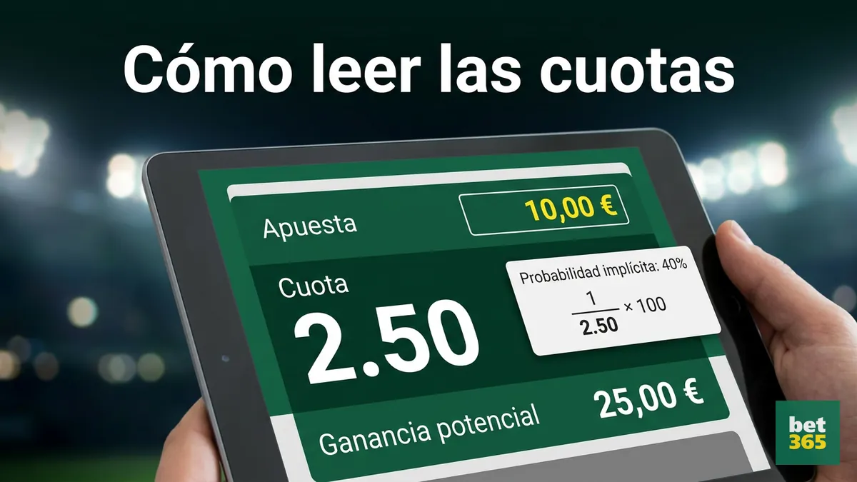 Mockup mostrando cómo leer cuotas decimales y calcular ganancia en bet365 Chile