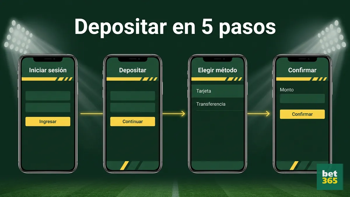 Secuencia de pantallas mostrando los pasos para depositar en bet365 Chile
