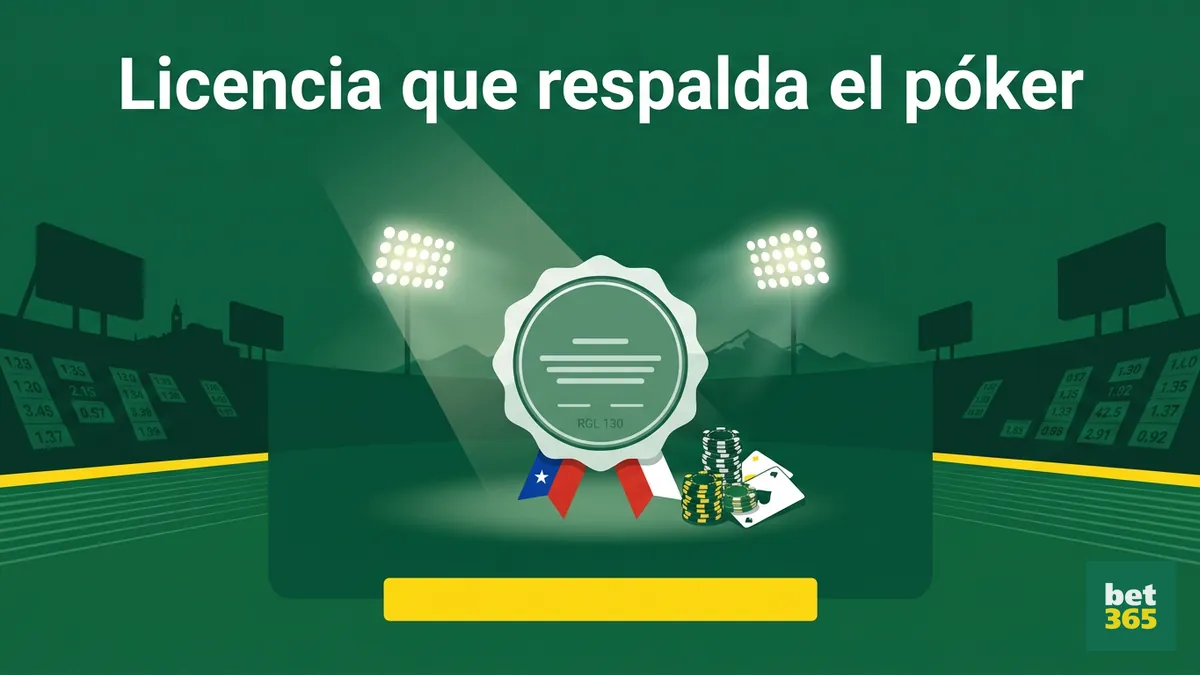 Sello simbólico de licencia junto a fichas de póker en bet365 Chile
